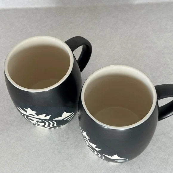 Starbucks 2011 Matte Black Siren Logo Barrel Mug Set of 2 Ceramic 12oz 4in - Picture 2 of 6
